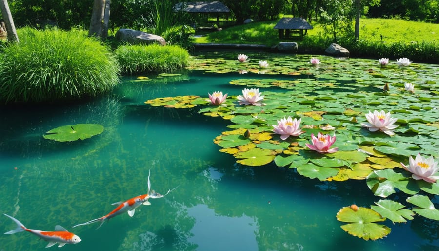 Aerial view of a balanced backyard pond ecosystem showing aquatic plants and fish
