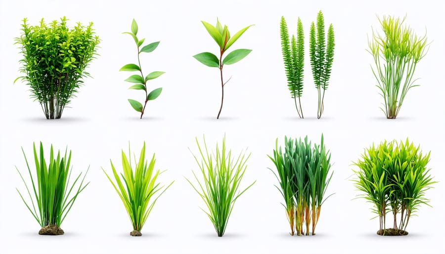 Various aquatic plants commonly used in biofiltration systems with identifying labels
