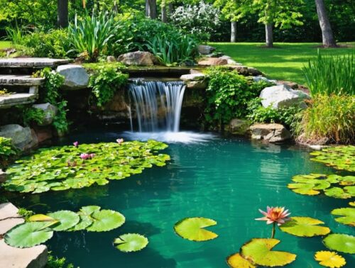 A serene backyard biofiltration pond featuring clear water, abundant aquatic plants, and a small waterfall, illustrating the natural filtration process and supporting vibrant aquatic life.