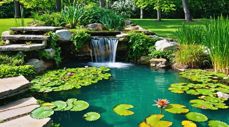 A serene backyard biofiltration pond featuring clear water, abundant aquatic plants, and a small waterfall, illustrating the natural filtration process and supporting vibrant aquatic life.