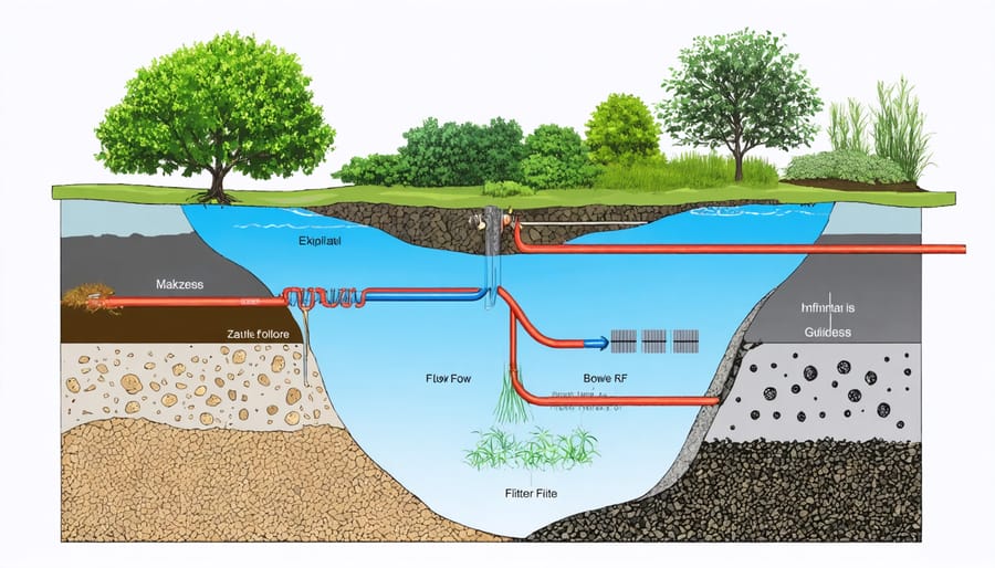 Detailed diagram showing the components and water flow in a biofiltration pond system