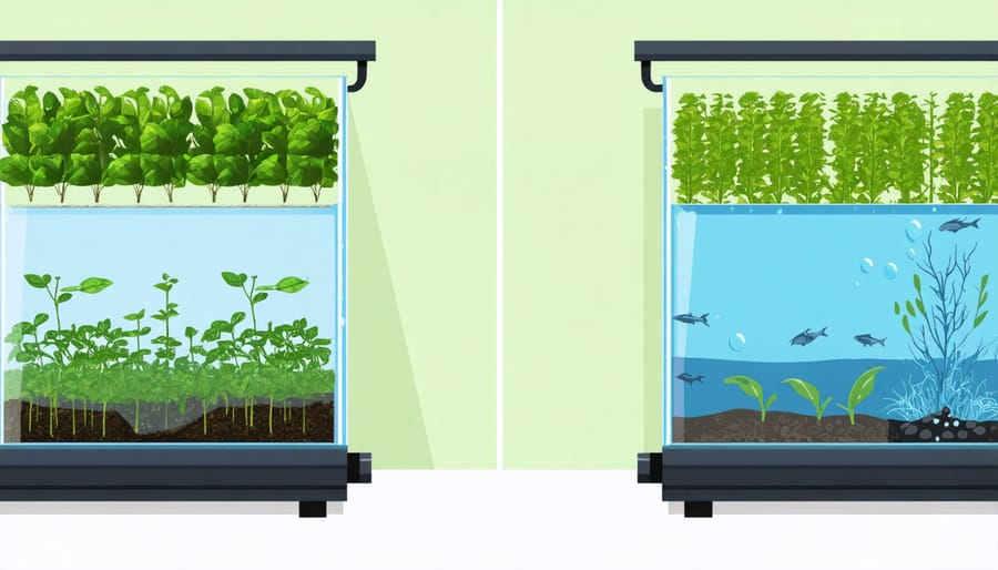 Side-by-side comparison of a well-maintained aquaponics system versus a contaminated one