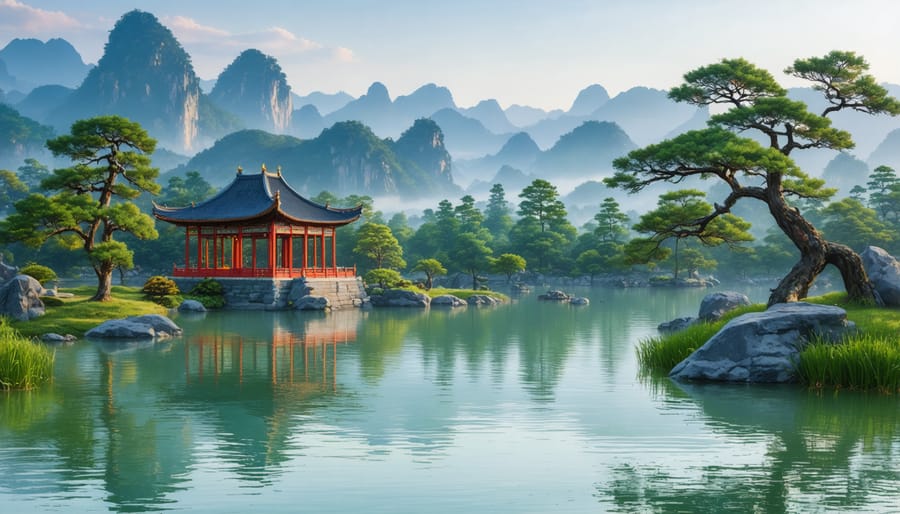 Ancient Chinese watercolor painting depicting a traditional garden landscape with water features