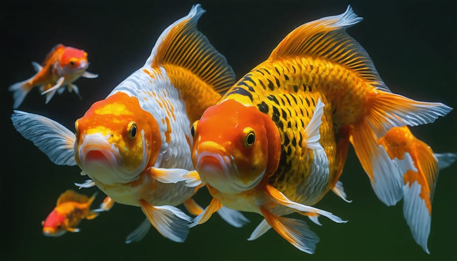 Various colorful pond fish species including koi and goldfish showing different feeding behaviors
