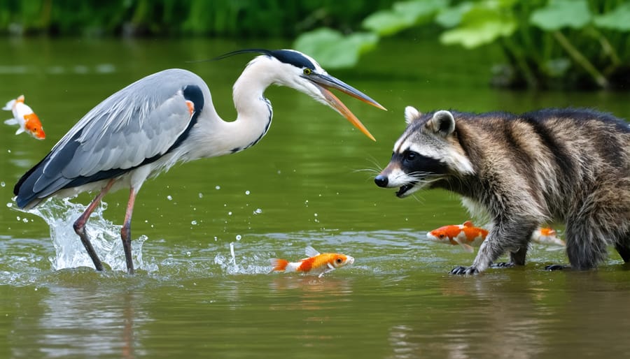 Common pond predators: Grey heron and raccoon hunting near water