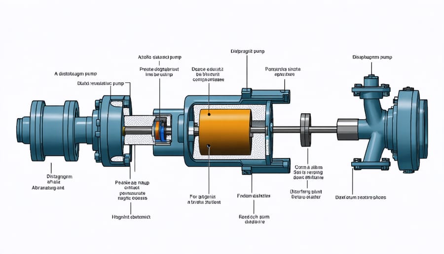 Technical diagram showing the key components of a diaphragm pump including diaphragm, valves, and housing