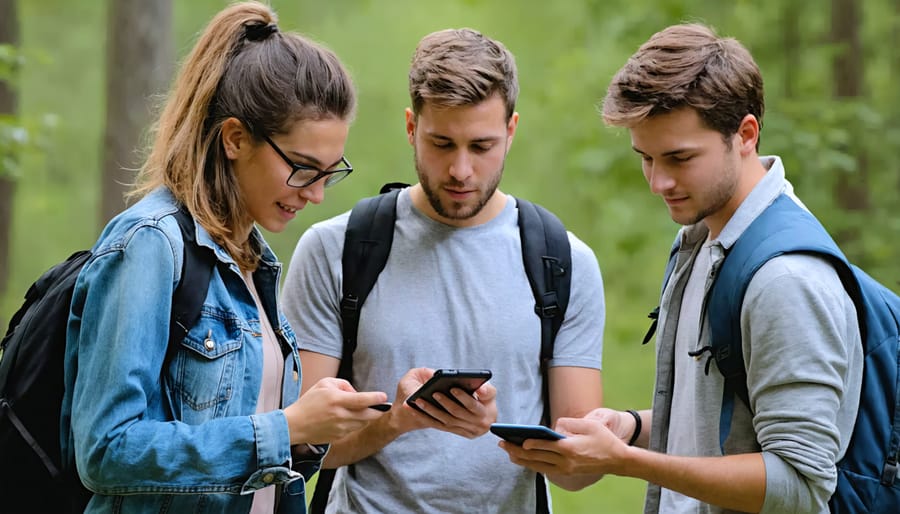 Students using wildlife identification apps on smartphones during field training