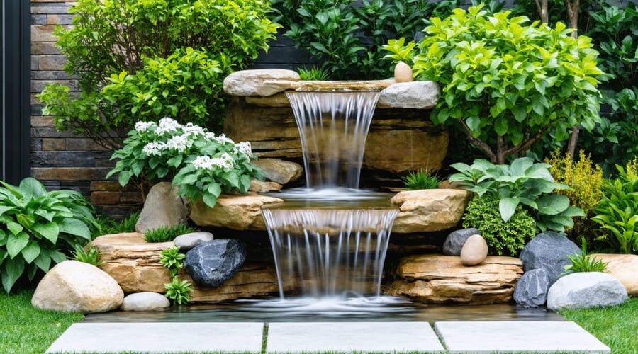 A tranquil backyard featuring a DIY water feature with cascading waterfall and tabletop fountain, surrounded by natural stones and lush greenery.