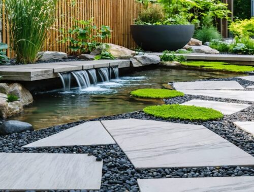 A serene and eco-friendly water garden featuring native aquatic plants, a decorative water feature, permeable pavers, and a rainwater harvesting barrel, symbolizing sustainable gardening practices.