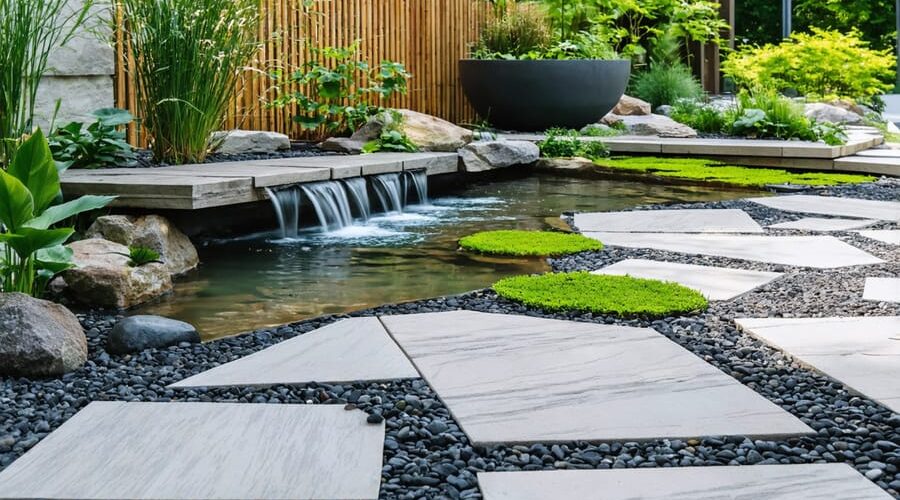 A serene and eco-friendly water garden featuring native aquatic plants, a decorative water feature, permeable pavers, and a rainwater harvesting barrel, symbolizing sustainable gardening practices.