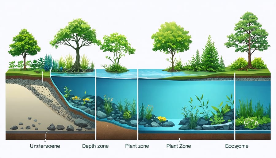 Detailed diagram of ecological pond layers including shallow marsh, deep water, and planting zones