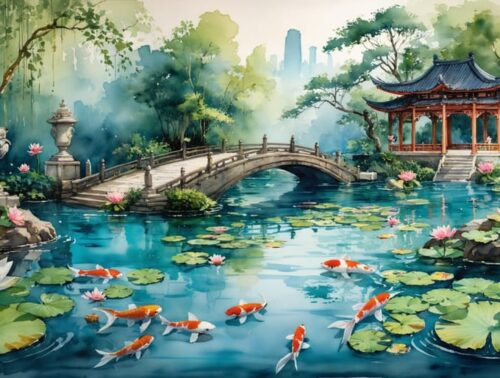 A realistic illustration of a multicultural water garden, showcasing elements such as a Chinese bridge, a Japanese pond with koi fish and lilies, and European-style water lilies, representing the evolution of watercolor art.