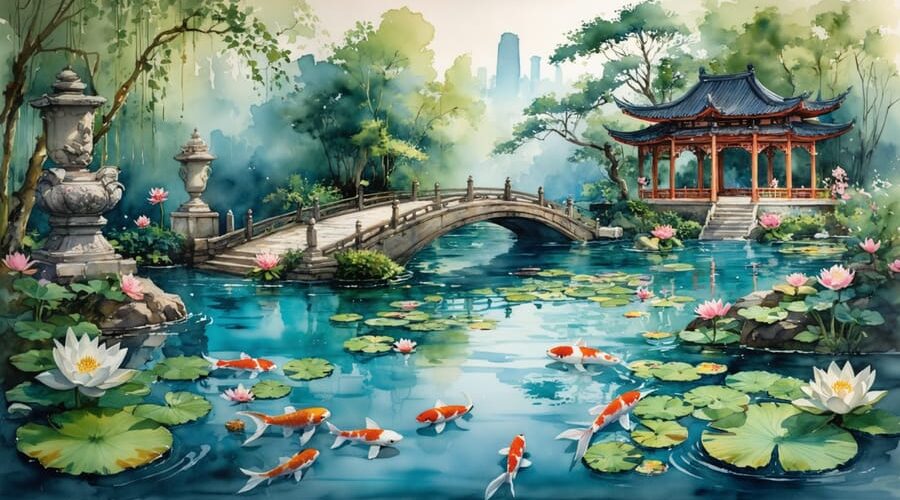 A realistic illustration of a multicultural water garden, showcasing elements such as a Chinese bridge, a Japanese pond with koi fish and lilies, and European-style water lilies, representing the evolution of watercolor art.