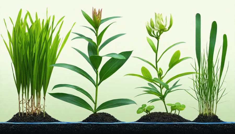 Various aquatic plants used for natural pool filtration including water lilies, rushes, and underwater plants