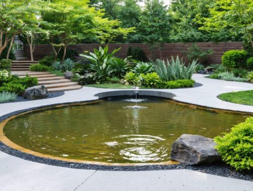 A tranquil water garden with a central pond surrounded by fire-resistant plants and visible fire safety installations like an emergency pump and clear signage, embodying the theme of dual functionality in landscape design.