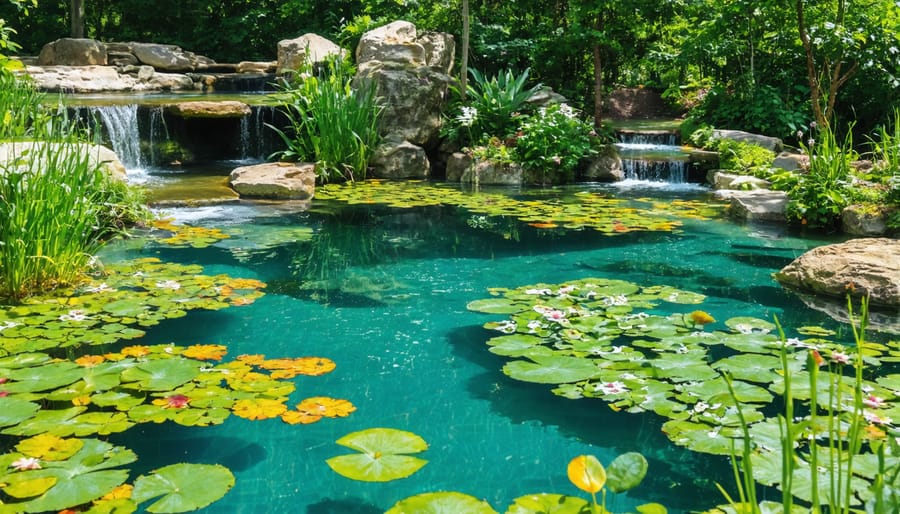 Healthy biofiltration pond featuring crystal clear water and flourishing filtration plants