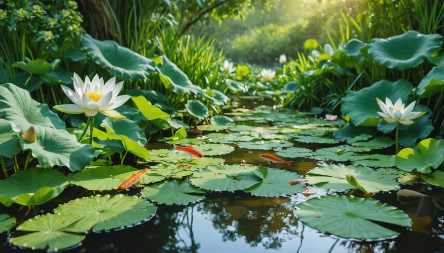 Established ecological pond with diverse plant life and healthy fish population