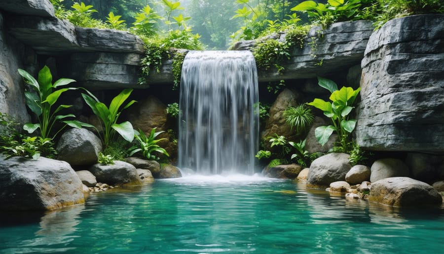 Natural-looking waterfall concealing pond filtration system within rock formation