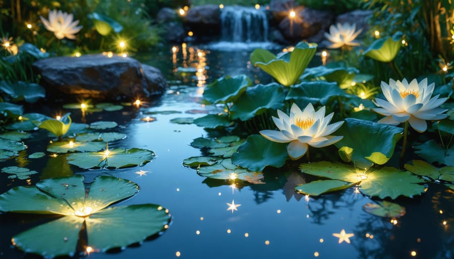 Garden pond illuminated at night with underwater lighting and reflective water surface