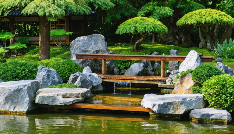 Japanese garden pond featuring strategic rock placement, waterfalls, and ornamental plants