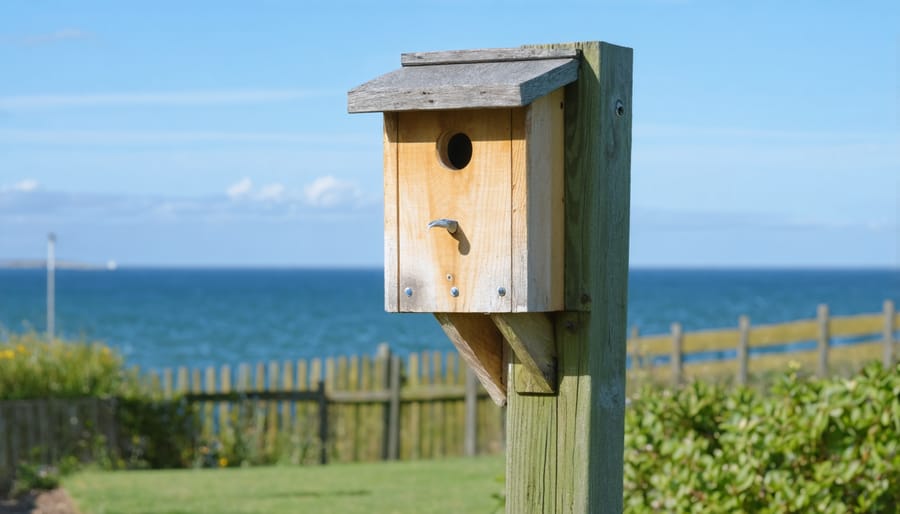 Installed kestrel nesting box mounted on pole showing correct height and positioning near water feature