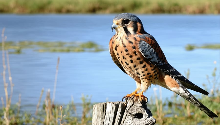 American Kestrel sitting on a branch overlooking a water garden, scanning for small prey