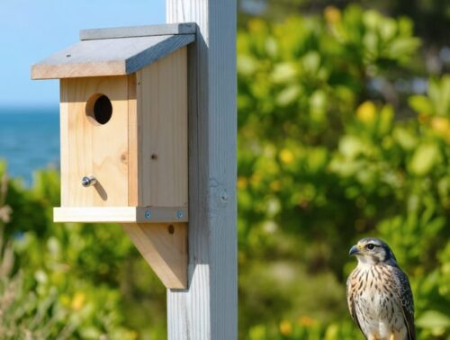 A beautifully constructed kestrel nesting box perched high on a pole in a verdant coastal garden, with an American Kestrel sitting nearby, surrounded by colorful plants and a serene water garden.