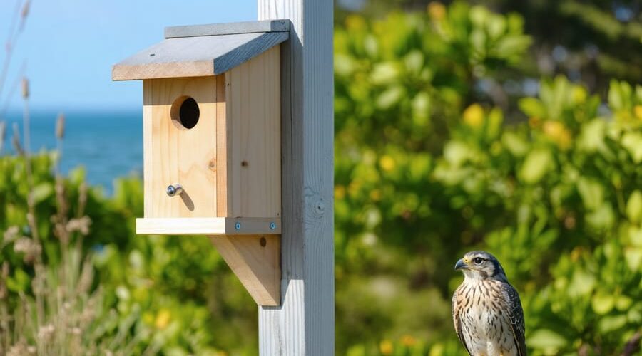A beautifully constructed kestrel nesting box perched high on a pole in a verdant coastal garden, with an American Kestrel sitting nearby, surrounded by colorful plants and a serene water garden.