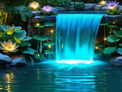 A beautifully lit pond at night with vibrant underwater lights illuminating cascades and aquatic plants, creating a magical and serene atmosphere.