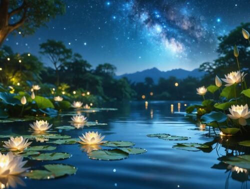 A nighttime garden pond illuminated by underwater lights with night-blooming water lilies and starry sky reflections.