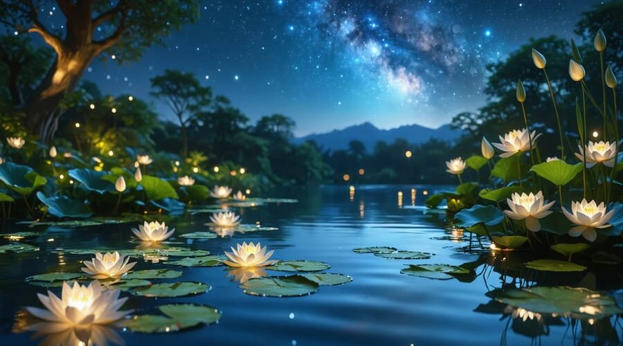 A nighttime garden pond illuminated by underwater lights with night-blooming water lilies and starry sky reflections.