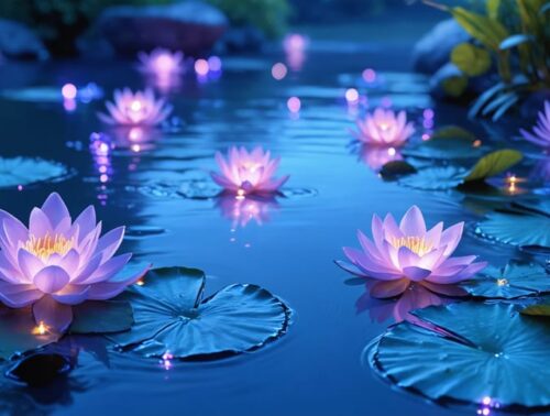 Nighttime view of a pond illuminated by color-changing LED lights, featuring deep blues and purples reflecting on the water with illuminated lily pads and aquatic plants.
