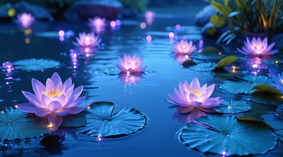 Nighttime view of a pond illuminated by color-changing LED lights, featuring deep blues and purples reflecting on the water with illuminated lily pads and aquatic plants.