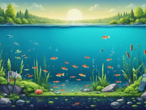 Illustration of a vibrant pond ecosystem with dissolved oxygen meters and pH test strips, showcasing the harmonious balance of fish, plants, and natural elements like cattails and coral for maintaining water chemistry.