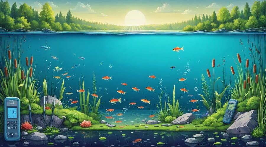 Illustration of a vibrant pond ecosystem with dissolved oxygen meters and pH test strips, showcasing the harmonious balance of fish, plants, and natural elements like cattails and coral for maintaining water chemistry.