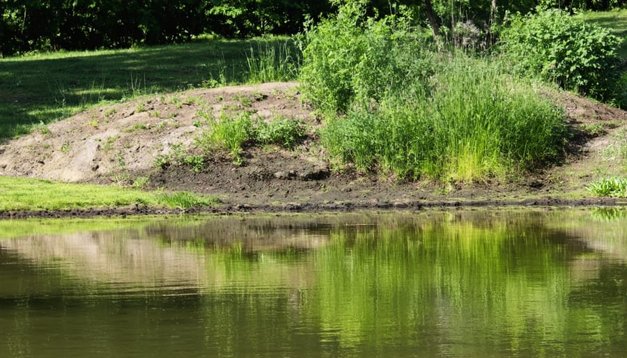 Established pond bank with layered vegetation and stone reinforcement preventing erosion