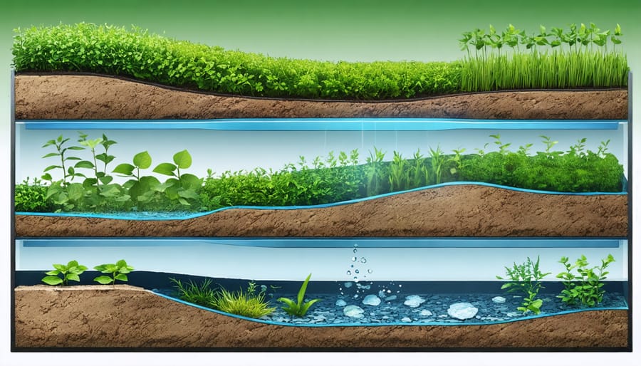 Installation stages of natural pool filtration system with visible substrate layers and planting process