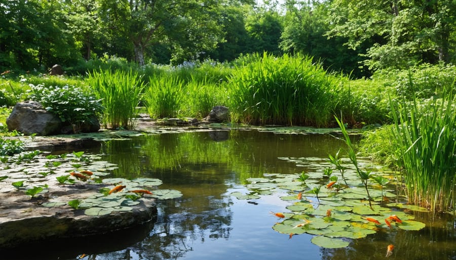 Healthy pond environment with water plants, insects, and natural food sources for fish