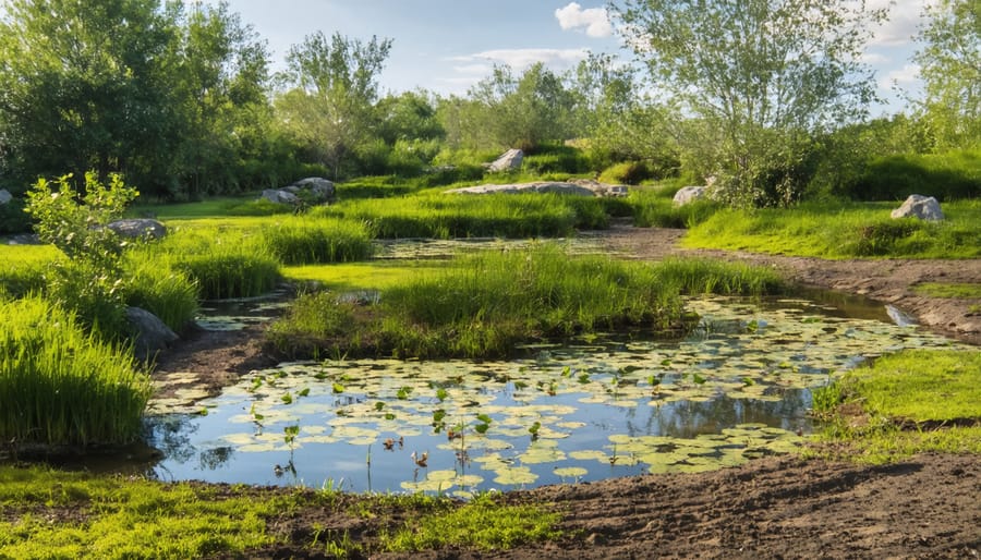 Natural bio pond with water flowing through reed beds and aquatic plants acting as biological filters