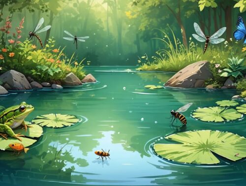 Illustration of a balanced pond ecosystem with dragonflies and frogs among floating plants, showcasing natural pest control through harmonious predator-prey relationships.