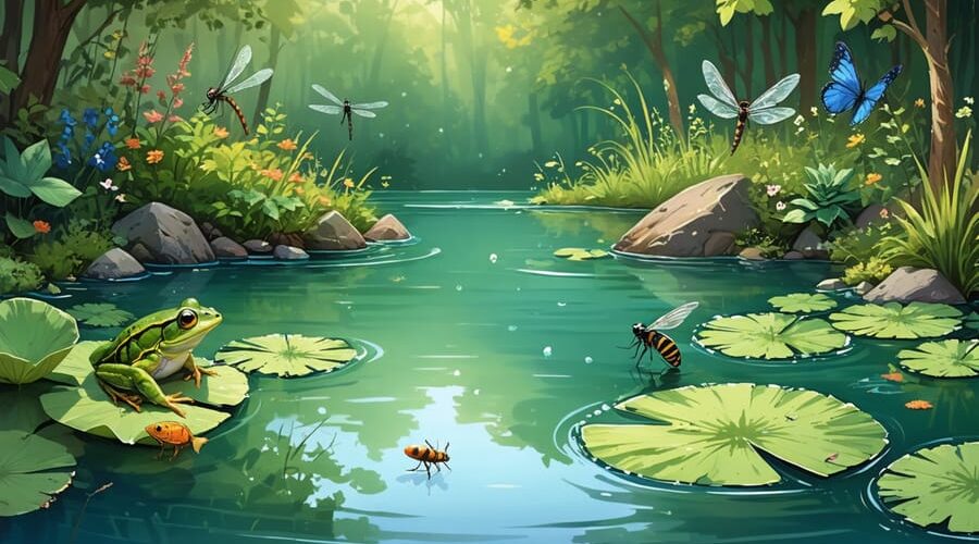 Illustration of a balanced pond ecosystem with dragonflies and frogs among floating plants, showcasing natural pest control through harmonious predator-prey relationships.