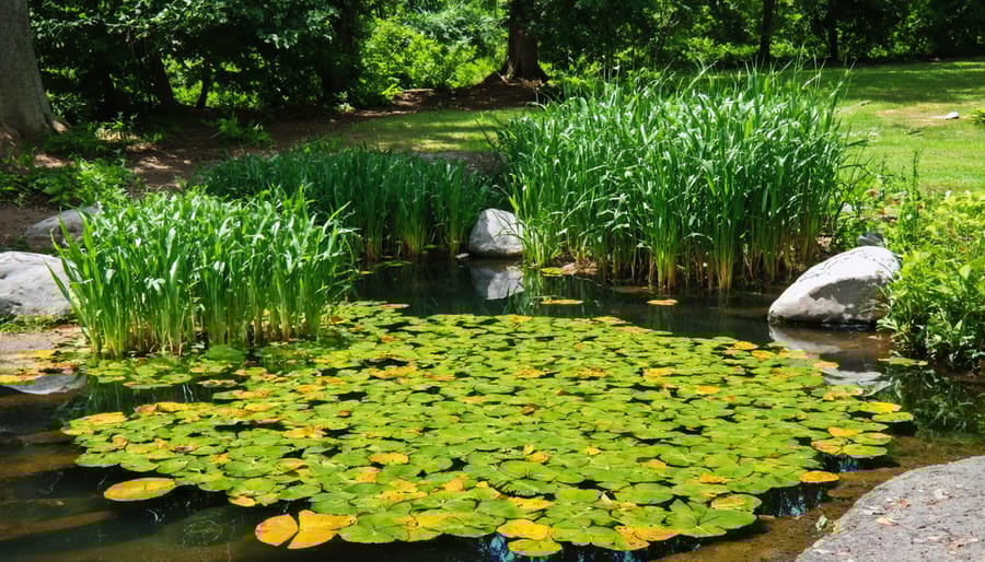 Healthy pond ecosystem demonstrating proper aquatic plant placement for natural pest control