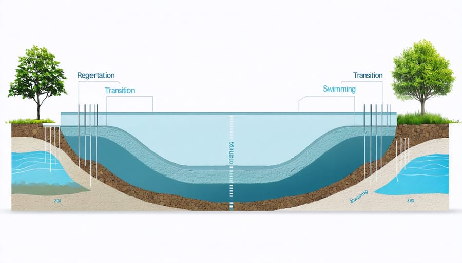 Illustrated cross-section of natural pool zones showing regeneration, transition, and swimming areas with water flow patterns