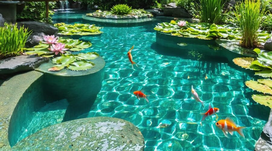 A picturesque natural swimming pool surrounded by vibrant aquatic plants and clear water, with fish swimming underneath, highlighting an eco-friendly and sustainable design.