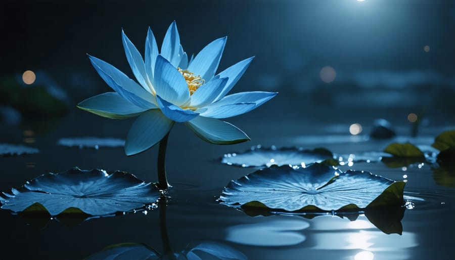 Night-blooming water lily in a pond under moonlight