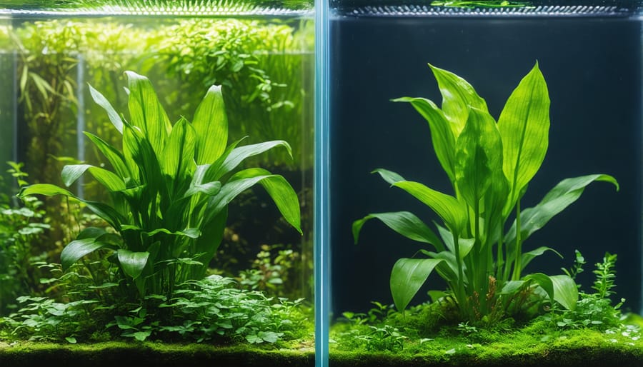 Comparison showing healthy water plants next to those with nutrient deficiencies