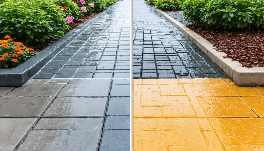 Side-by-side comparison demonstrating water absorption: impermeable concrete pavers with puddles versus permeable pavers absorbing rainfall
