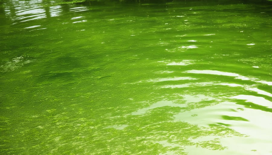 Pond with bright green, cloudy water indicating planktonic algae bloom