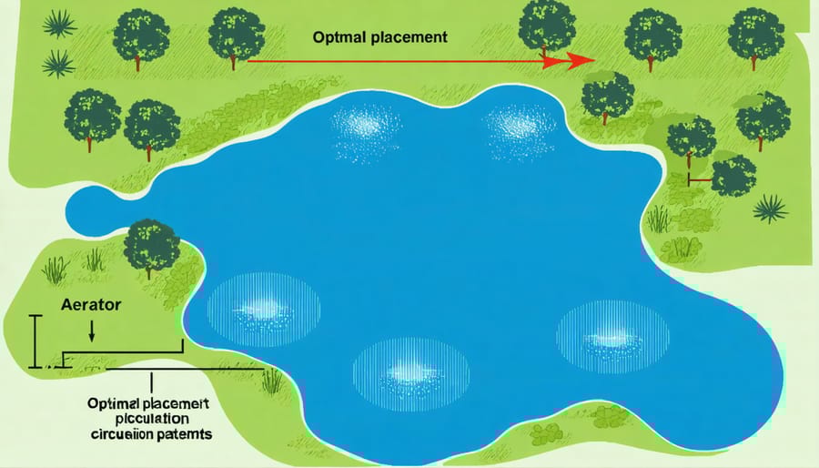 Technical illustration of proper aerator positioning and resulting water flow patterns in pond
