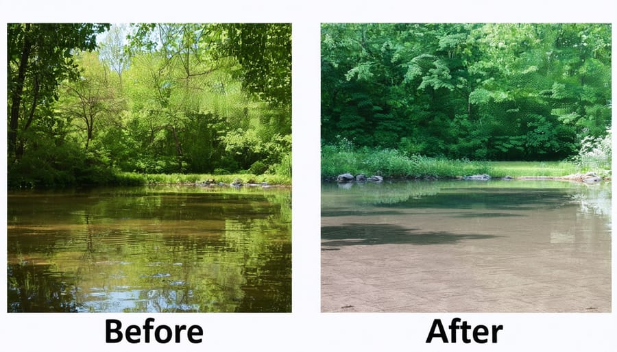 Side-by-side comparison showing transformation of a flat pond into a layered, dimensional aquascape